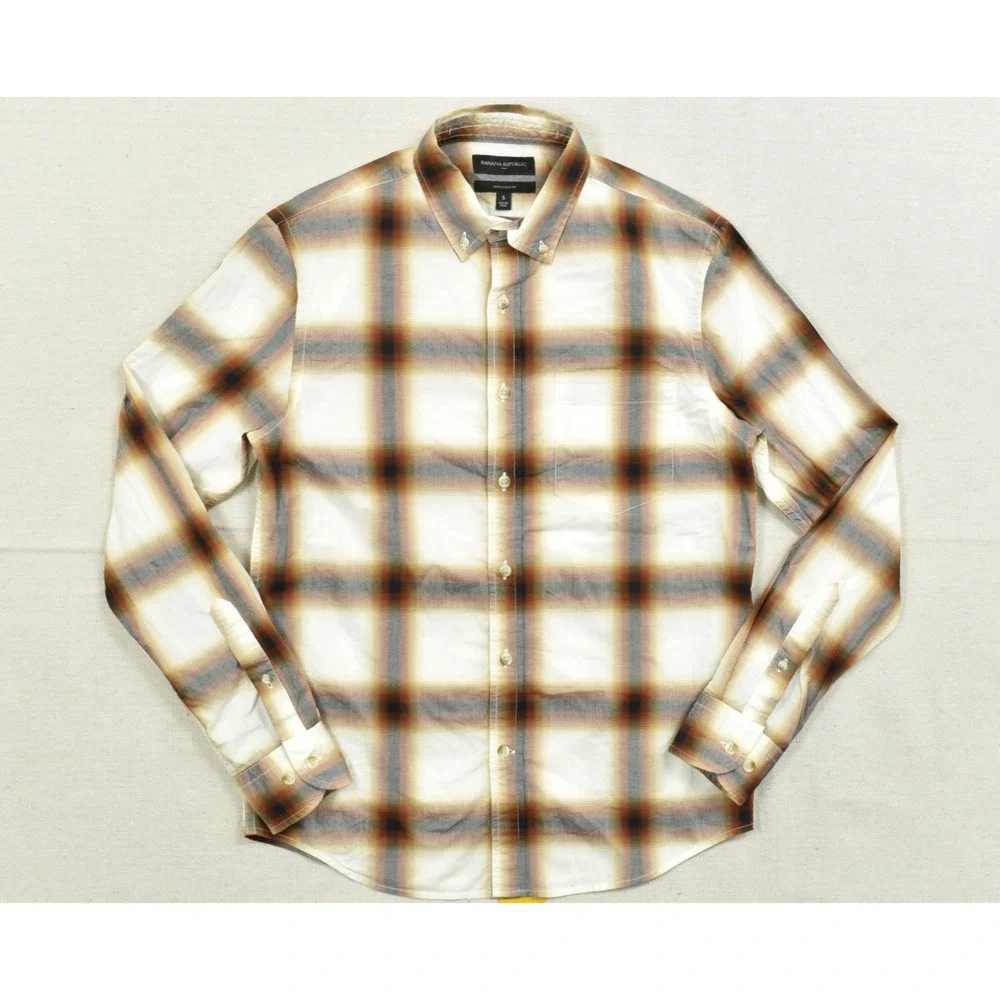 Banana Republic Shirt Mens Small S Untucked Fit Plaid Long Sleeve Cotton Brown